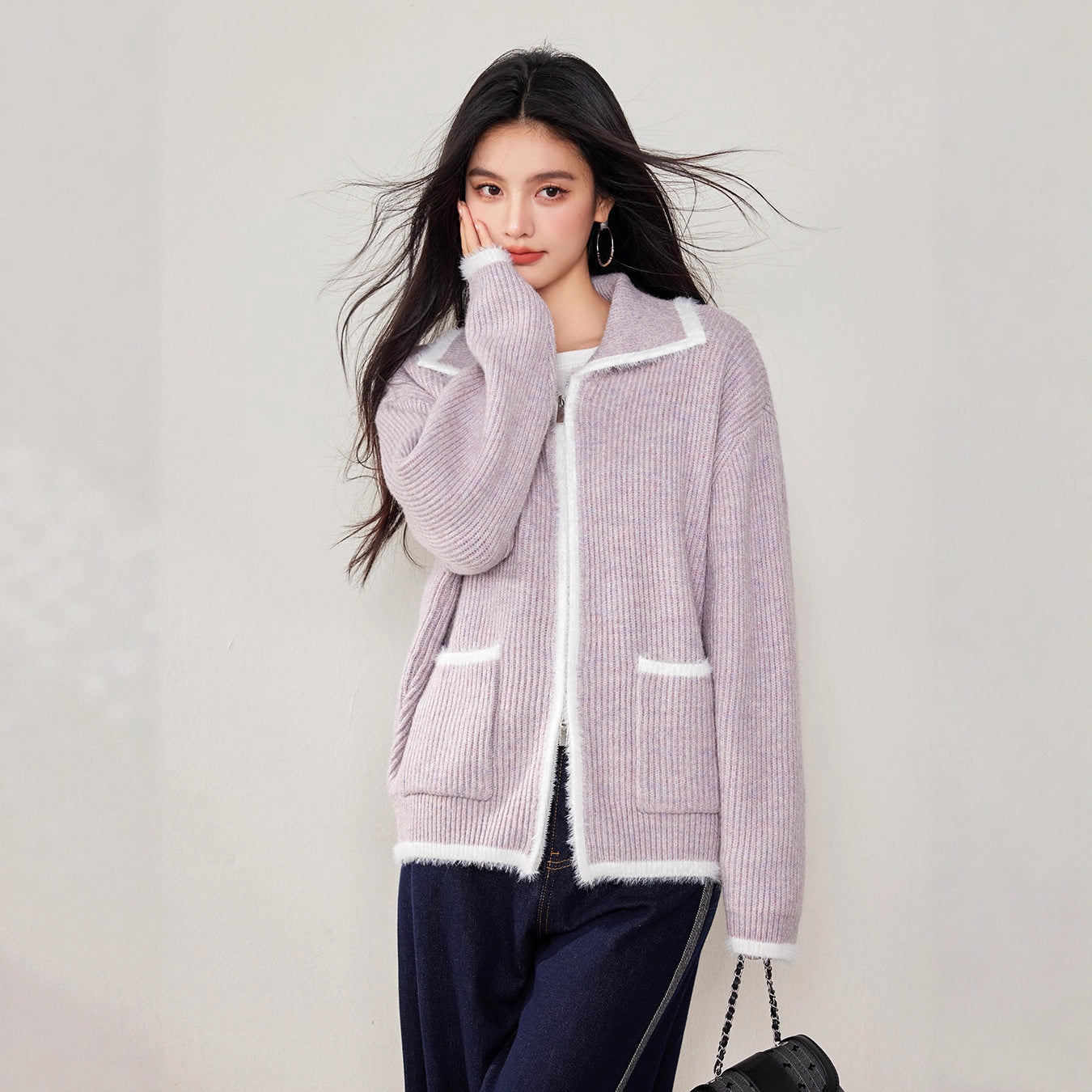 LAVENDER Color-Block Zip Cardigan