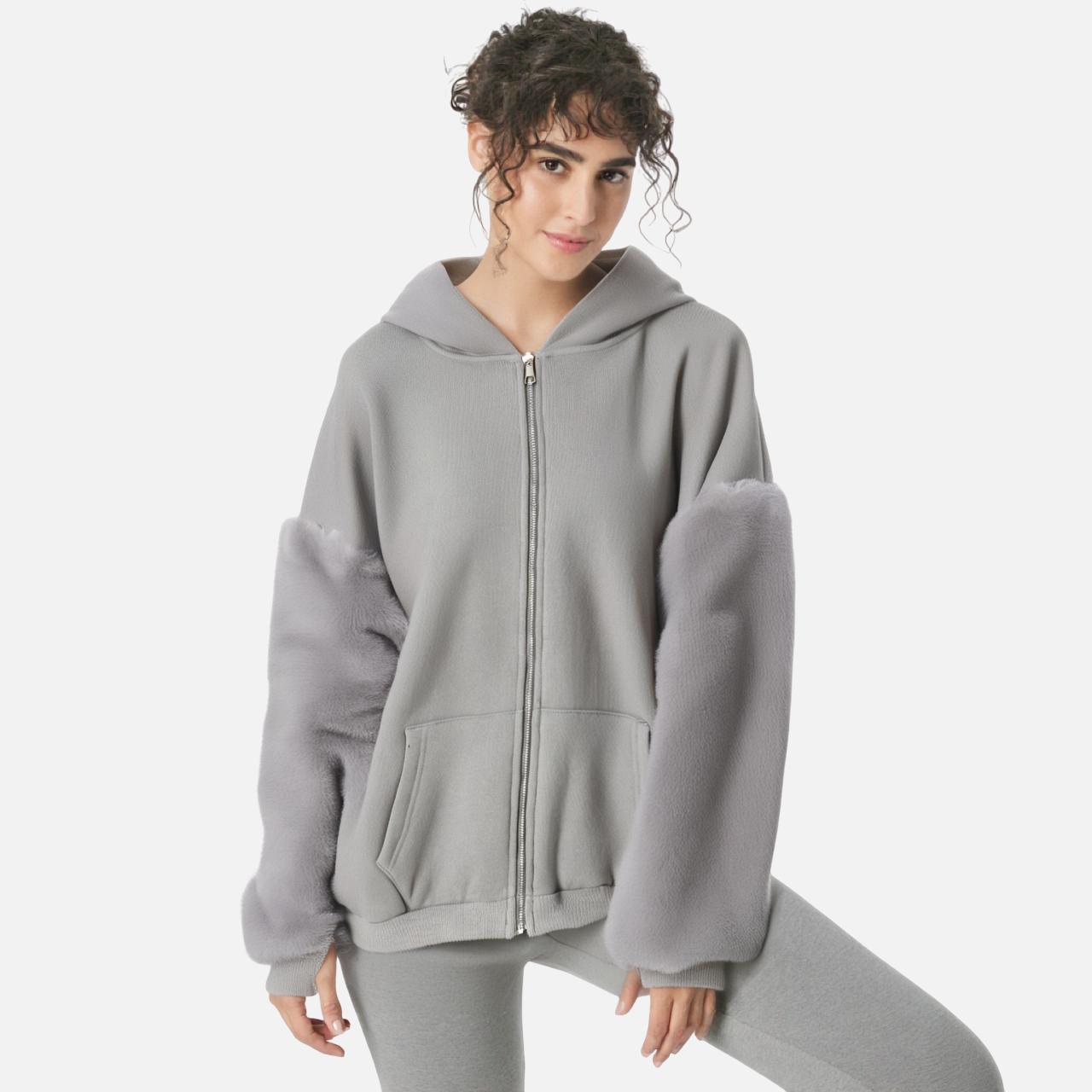 Fuzzy Sleeve Zip Hoodie – Cozy Streetwear Edition