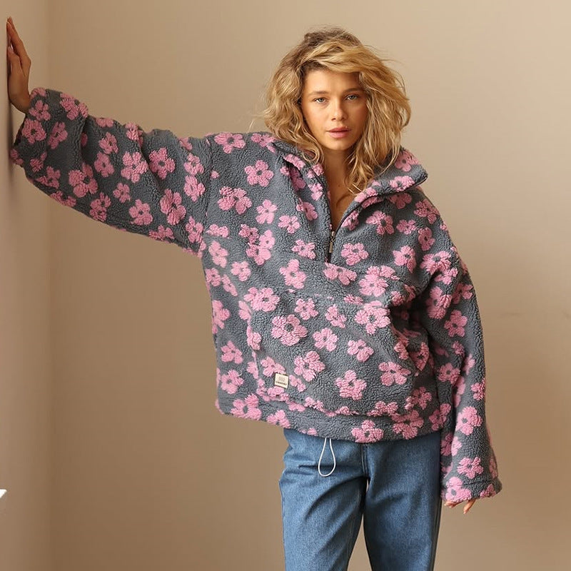 Floral Print Fleece Zip Jacket – Cozy Oversized Sweatshirt