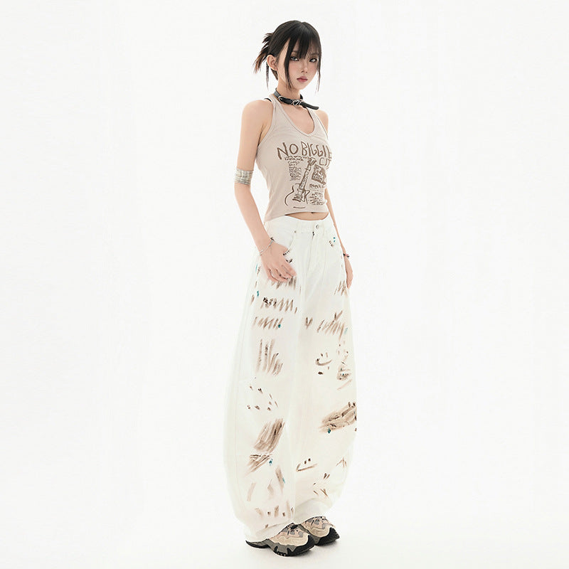 White Stone-Washed Streetwear Jeans – Knife Cut Design