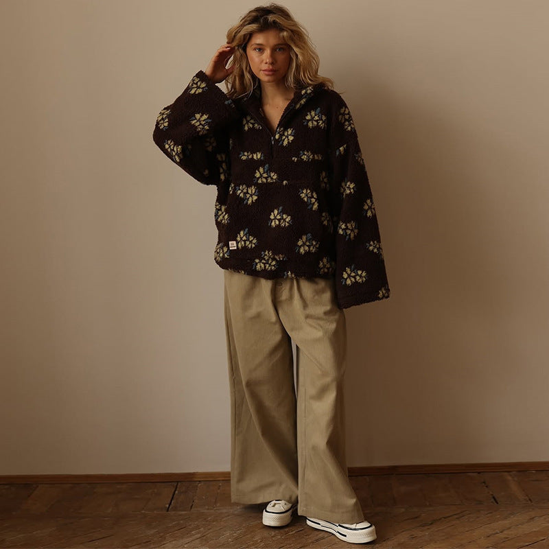 Floral Print Fleece Zip Jacket – Cozy Oversized Sweatshirt