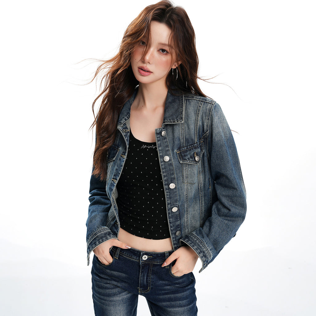 Slim Fit Cropped Denim Biker Jacket – Nostalgic Blue Edition