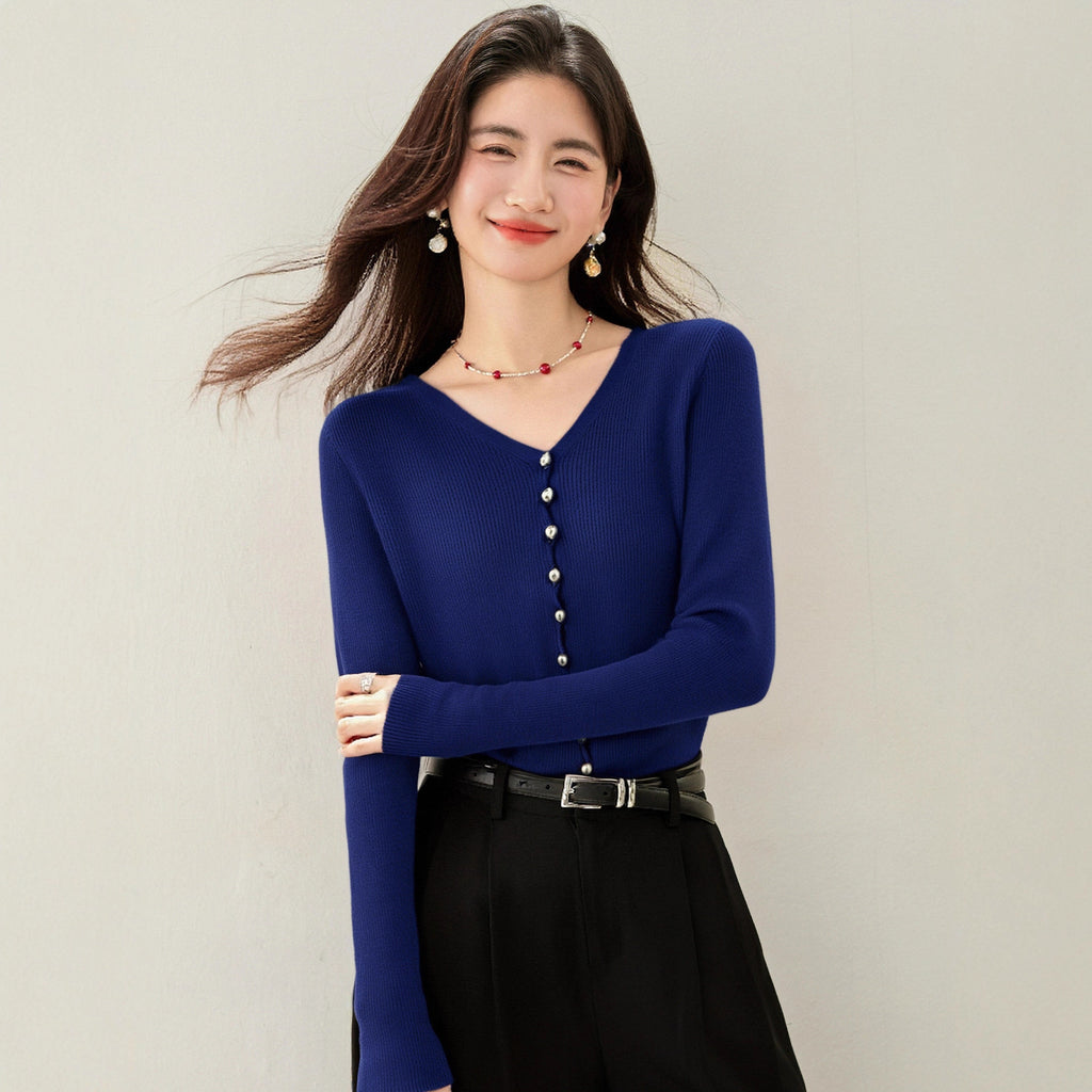 Elegant Blue V-Neck Top – Minimal Chic Design