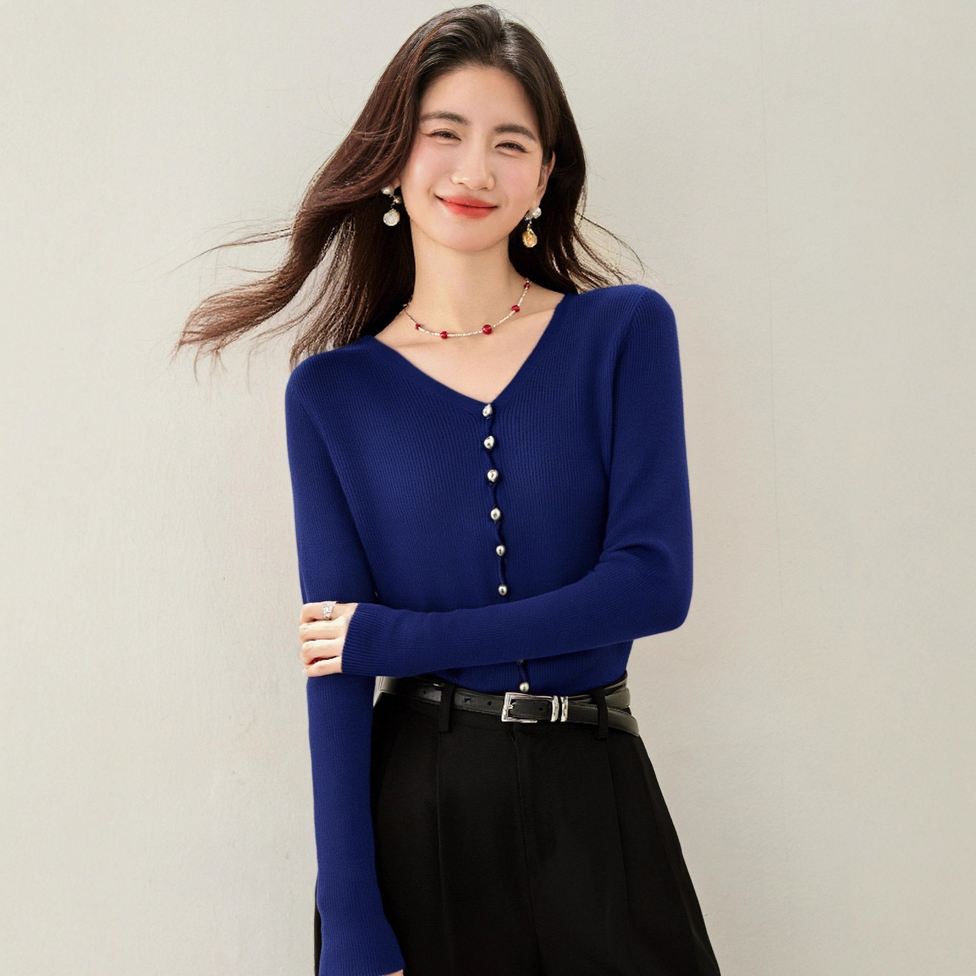 Elegant Blue V-Neck Top – Minimal Chic Design