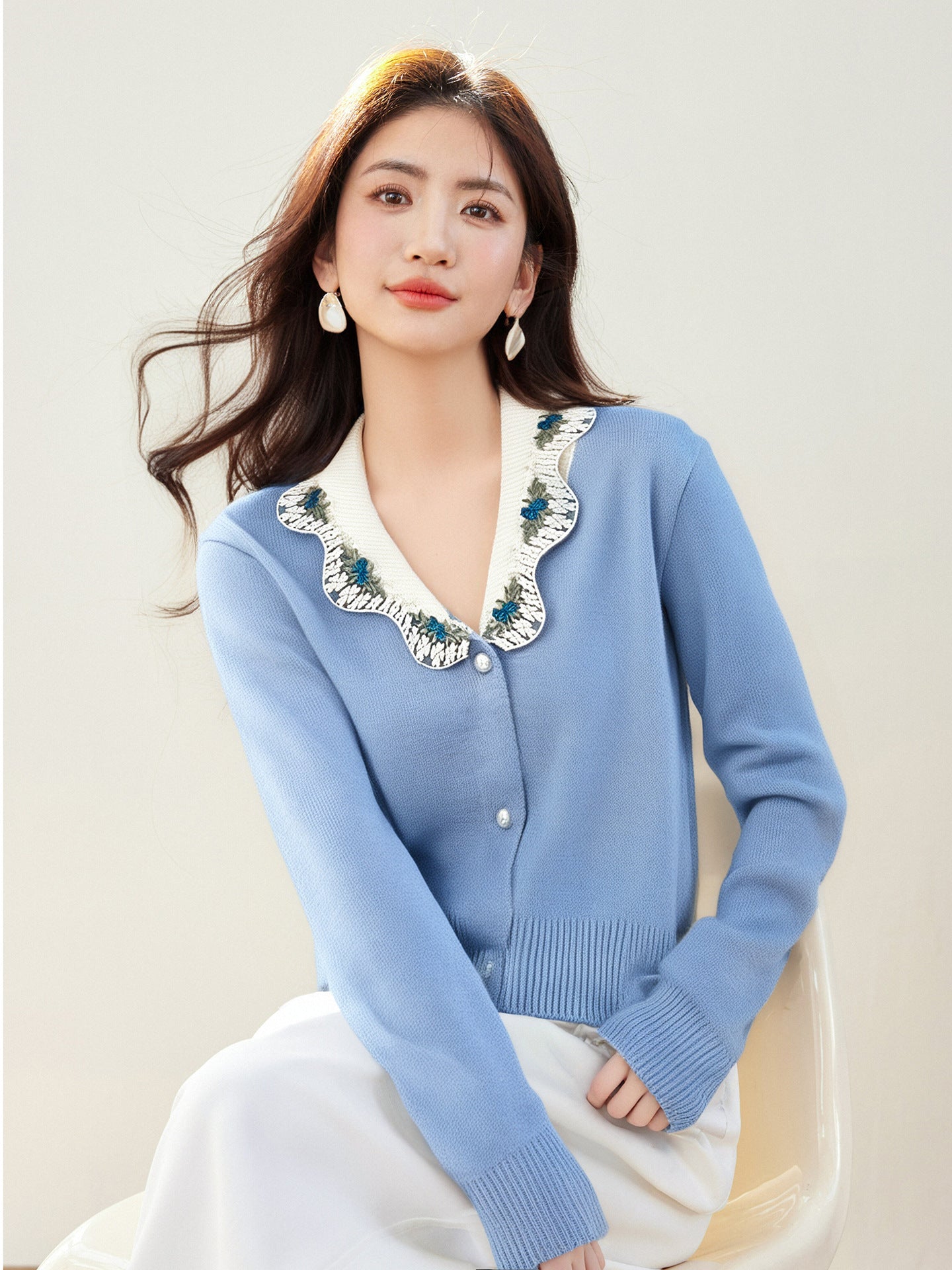 Blue Embroidered Collar Cardigan – Soft & Elegant Fresh Look