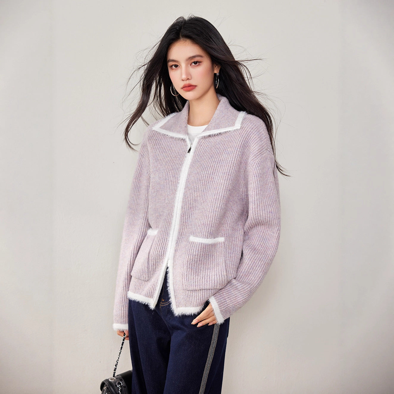 LAVENDER Color-Block Zip Cardigan