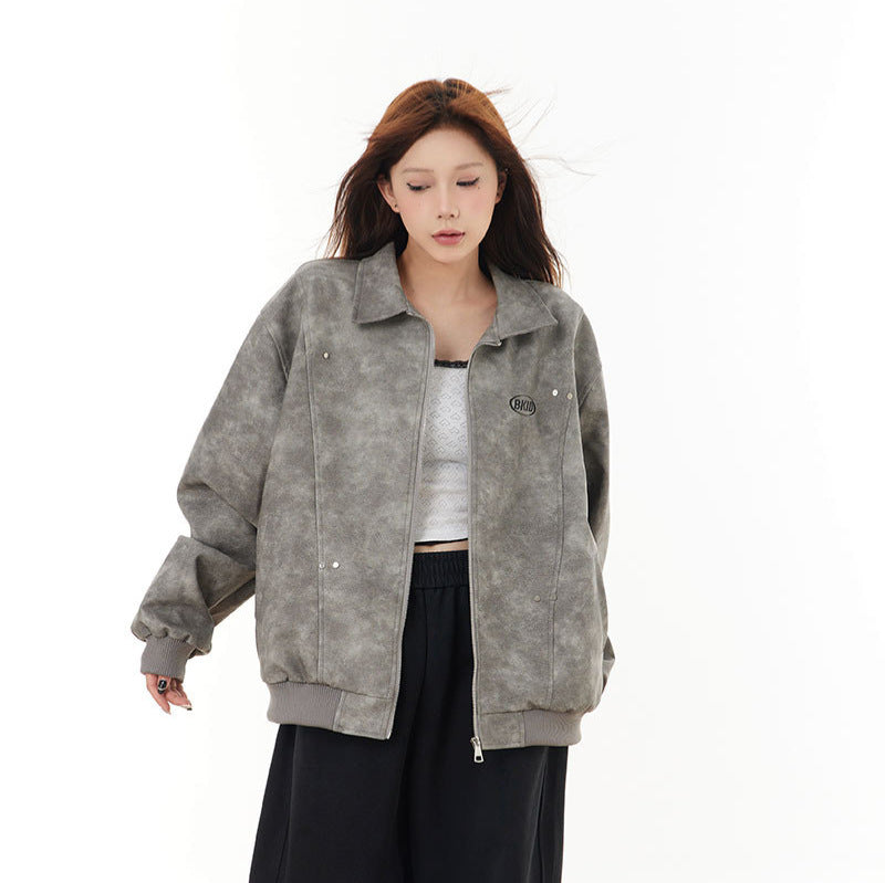 American Retro Cotton Jacket – Loose Fit with Flip Collar