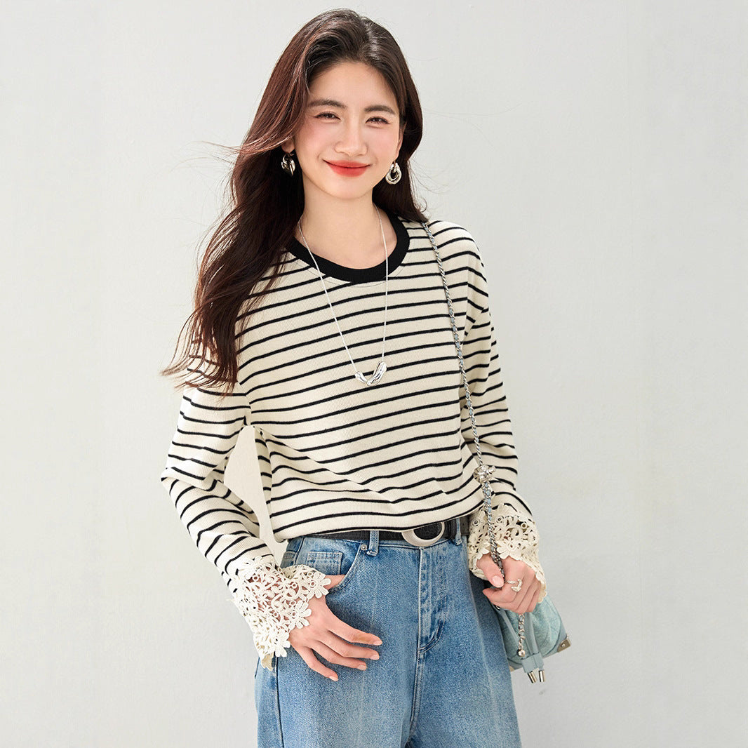 Korean Style Striped Top – Flare Sleeves with Lace Detail