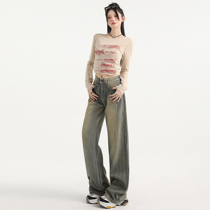 Striped Vintage Loose-Fit Denim – High Waist Streetwear Pants