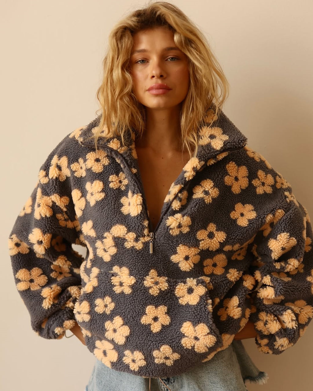 Floral Print Fleece Zip Jacket – Cozy Oversized Sweatshirt