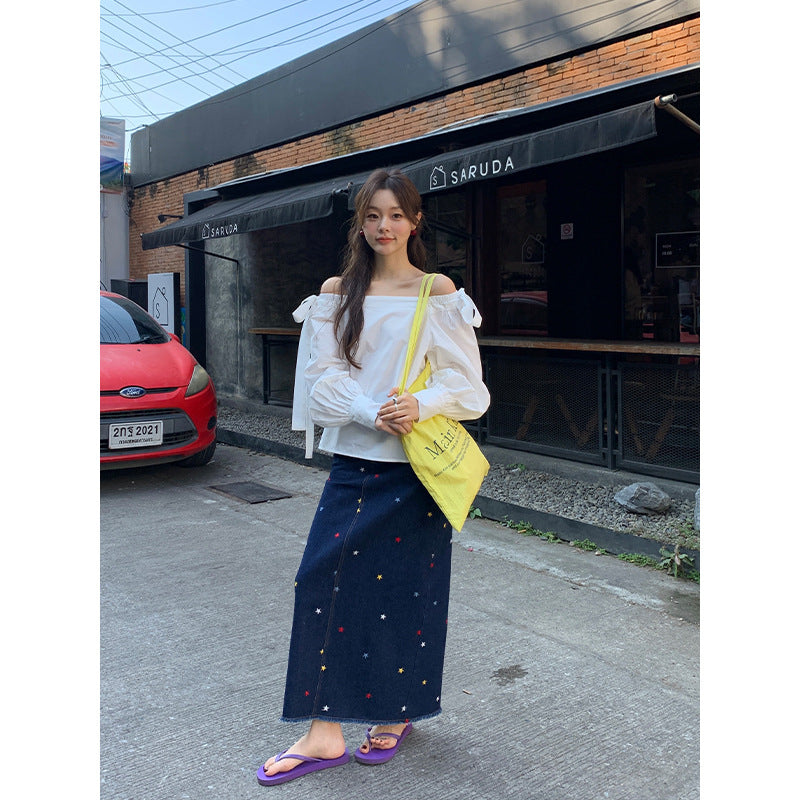 Star high waisted split denim skirt for women