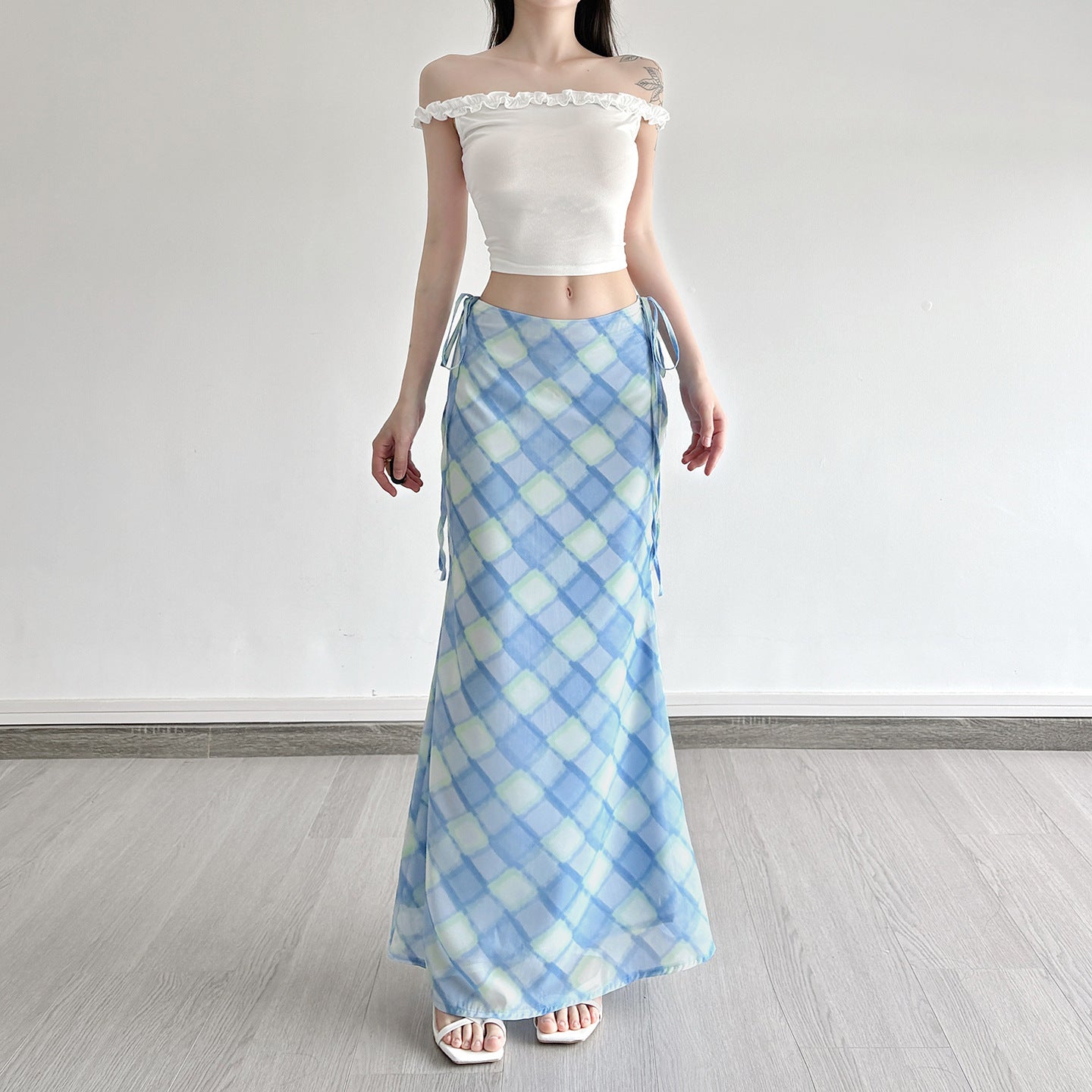 ARIA SKIRT – Light Blue Checkered Midi Skirt
