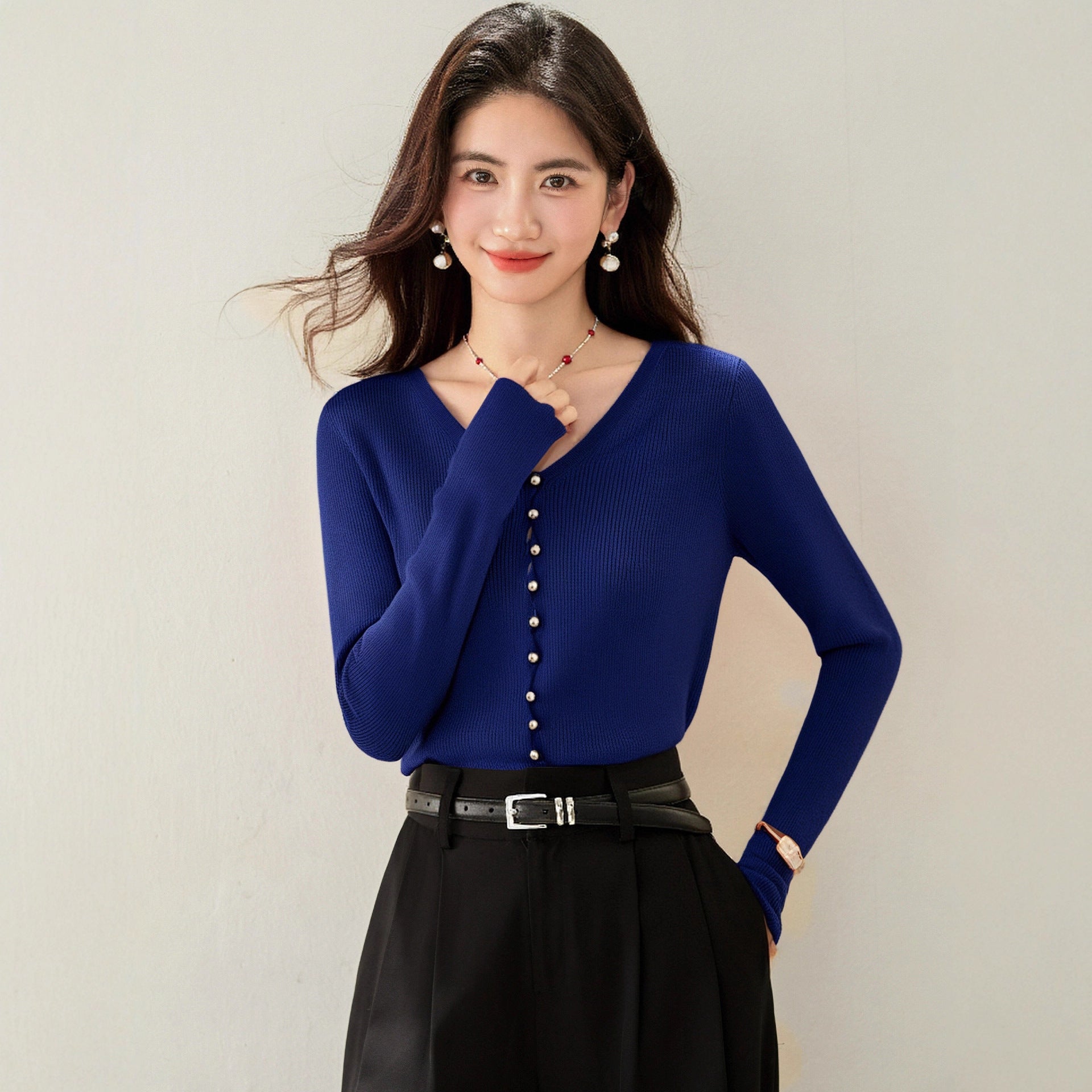 Elegant Blue V-Neck Top – Minimal Chic Design