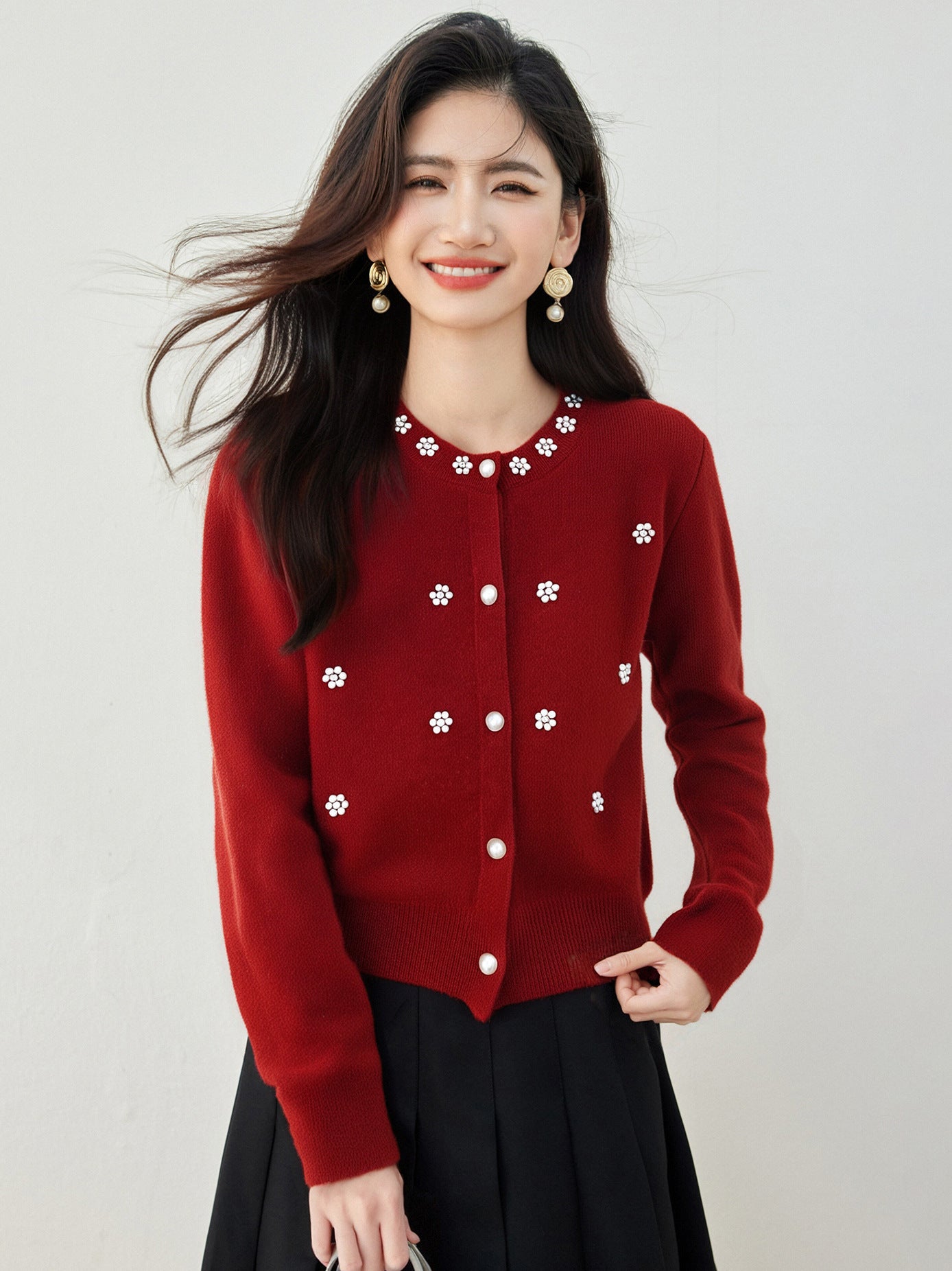 Red College-Style Cardigan – Sweet, Fresh & Elegant