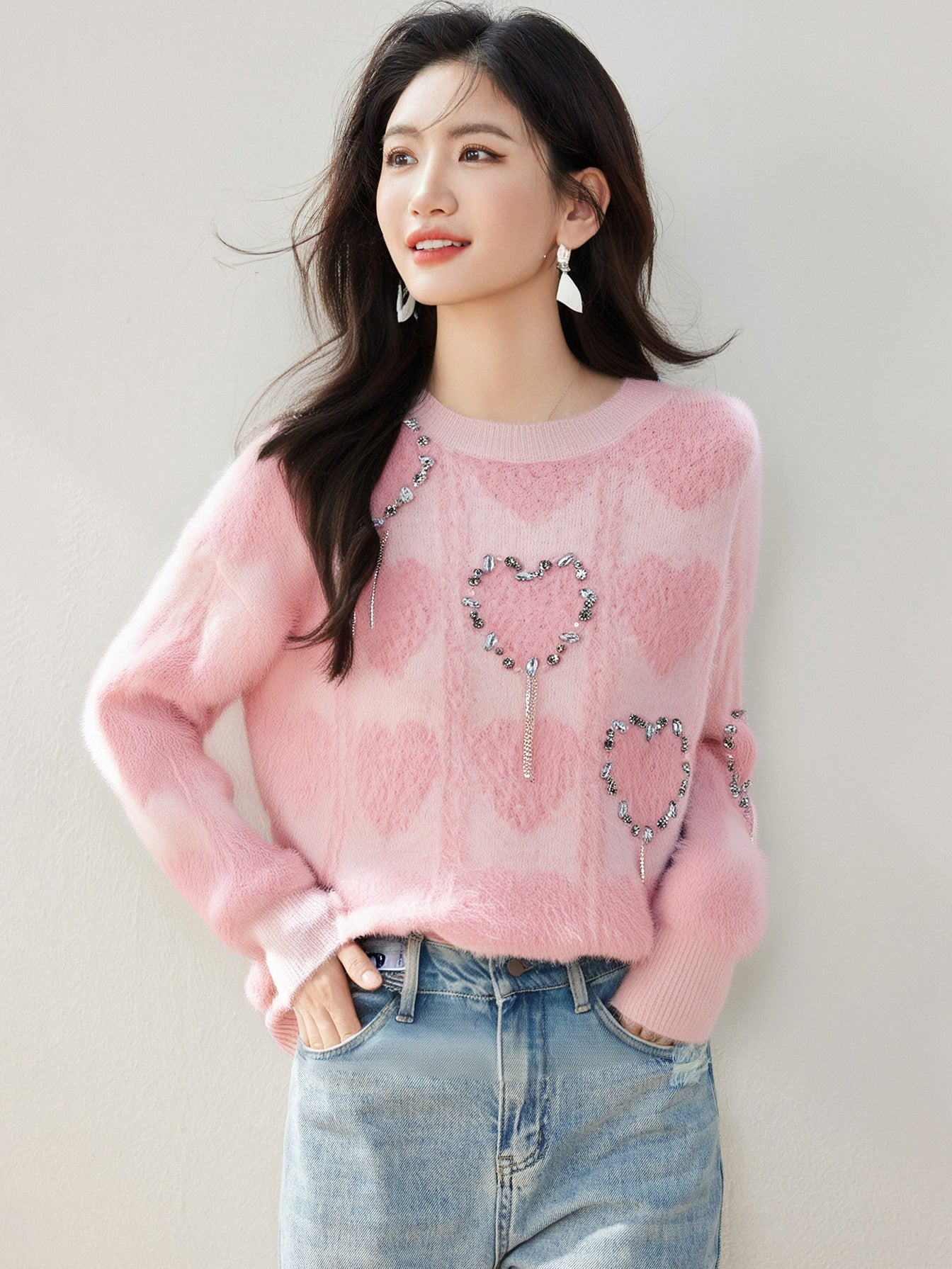 HEART GLOW – Pink Bamboo Cotton Knit Sweater
