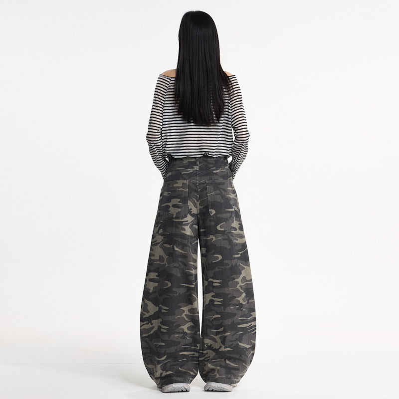 Vintage Camo Wide-Leg Denim – Knife Cut Design