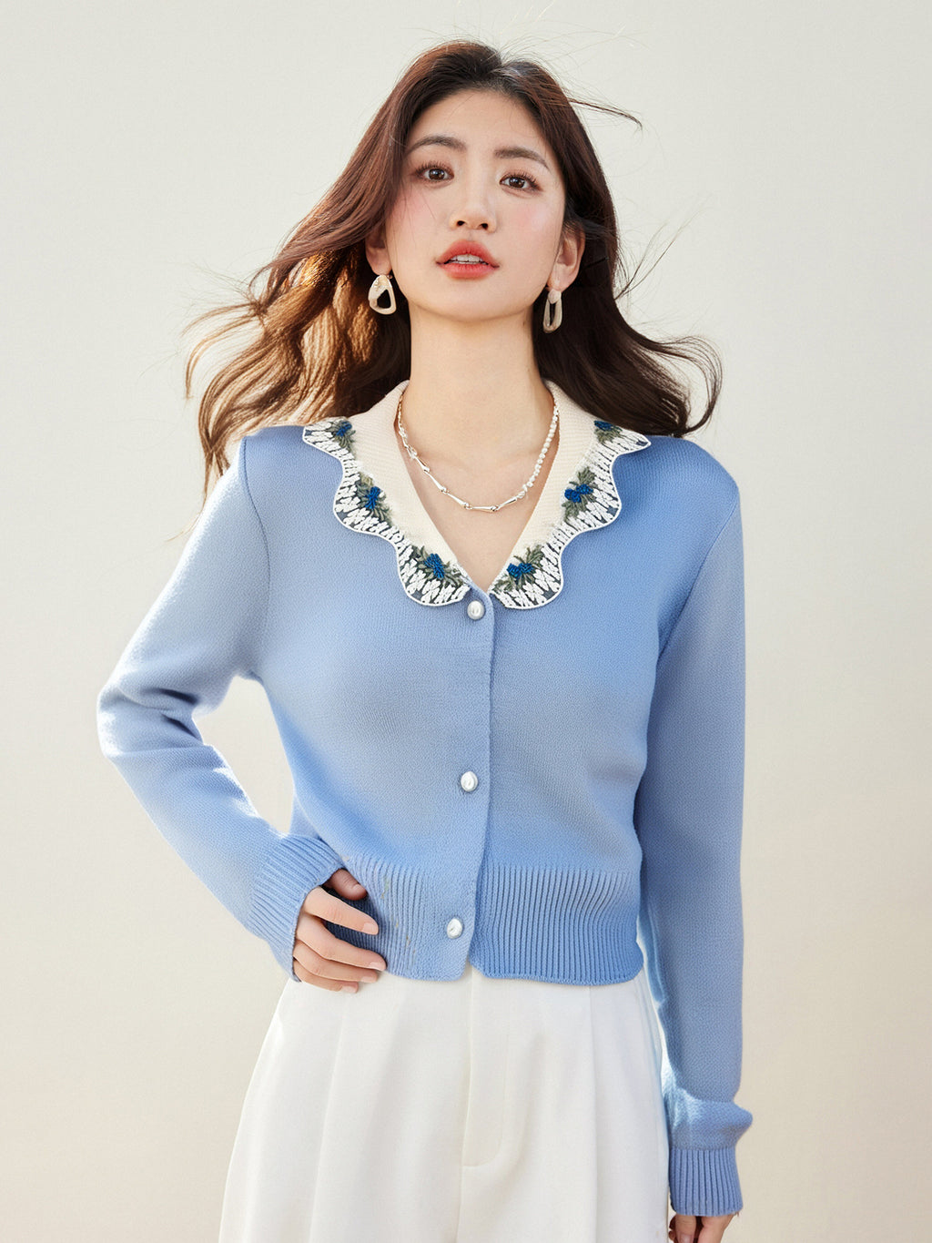 Blue Embroidered Collar Cardigan – Soft & Elegant Fresh Look