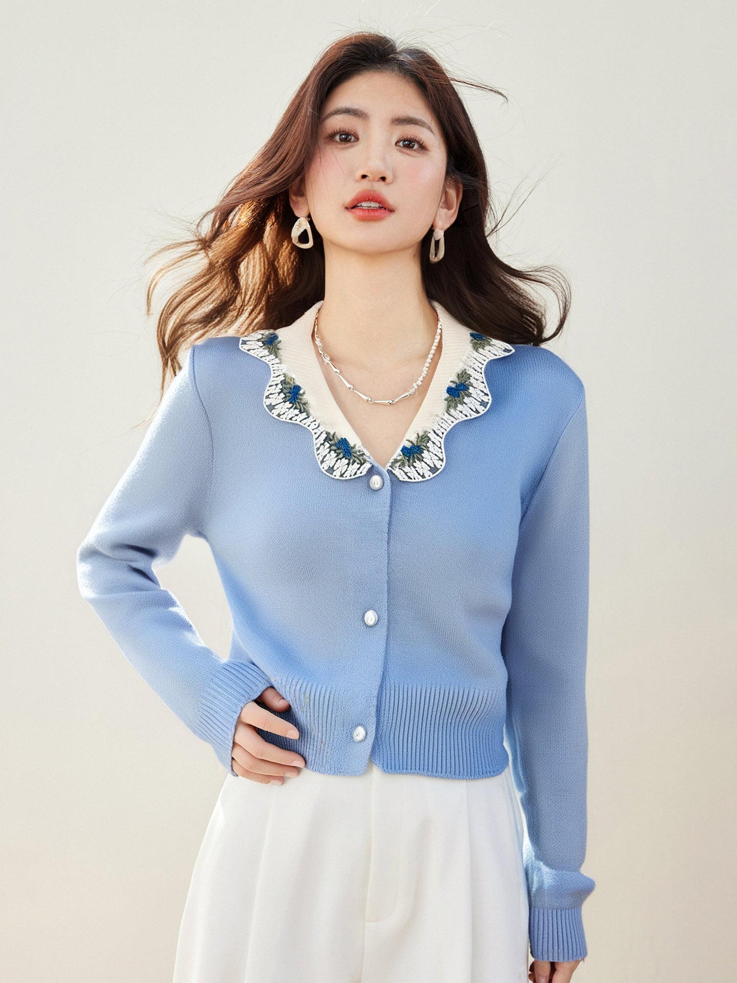 Blue Embroidered Collar Cardigan – Soft & Elegant Fresh Look