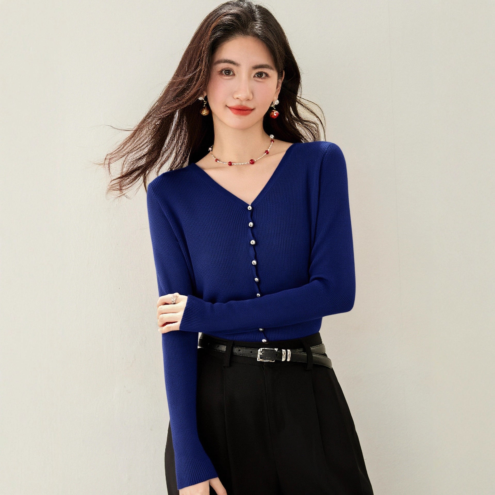 Elegant Blue V-Neck Top – Minimal Chic Design
