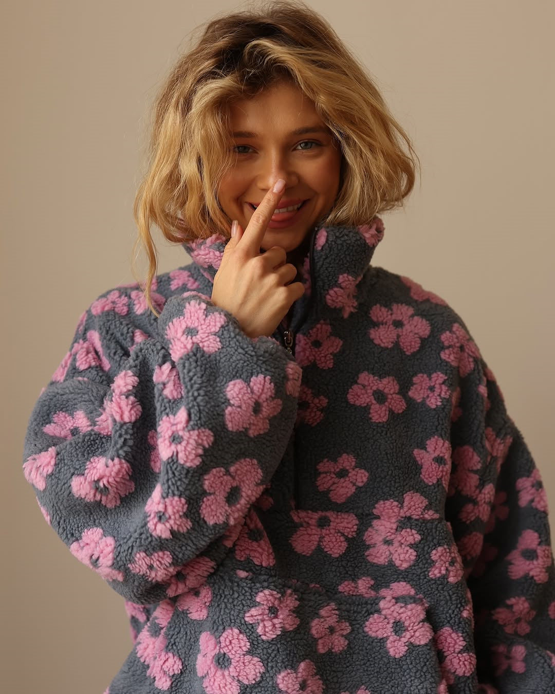 Floral Print Fleece Zip Jacket – Cozy Oversized Sweatshirt