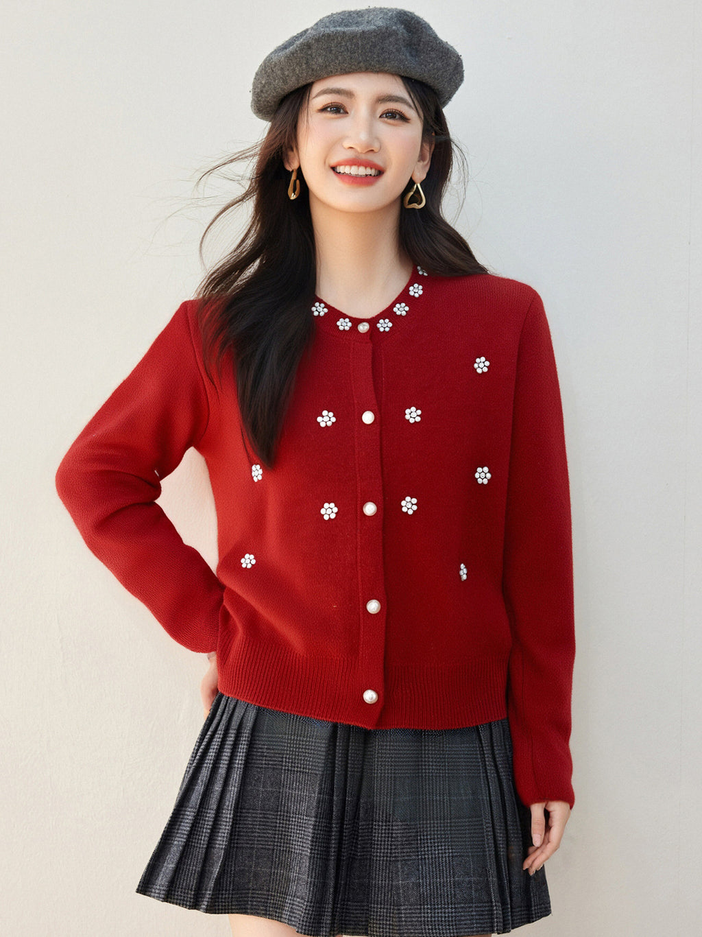 Red College-Style Cardigan – Sweet, Fresh & Elegant