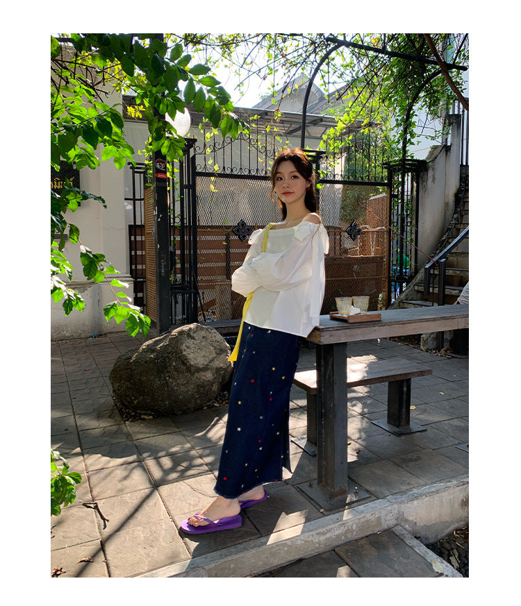 Star high waisted split denim skirt for women