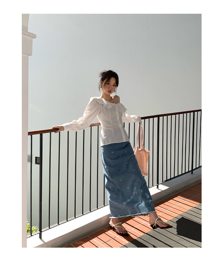 Star high waisted split denim skirt for women