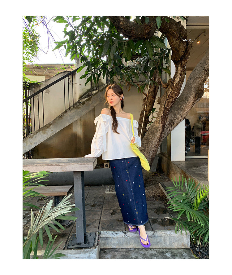 Star high waisted split denim skirt for women