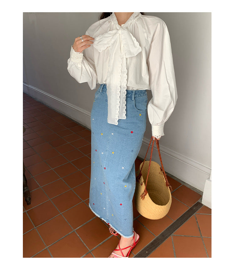 Star high waisted split denim skirt for women